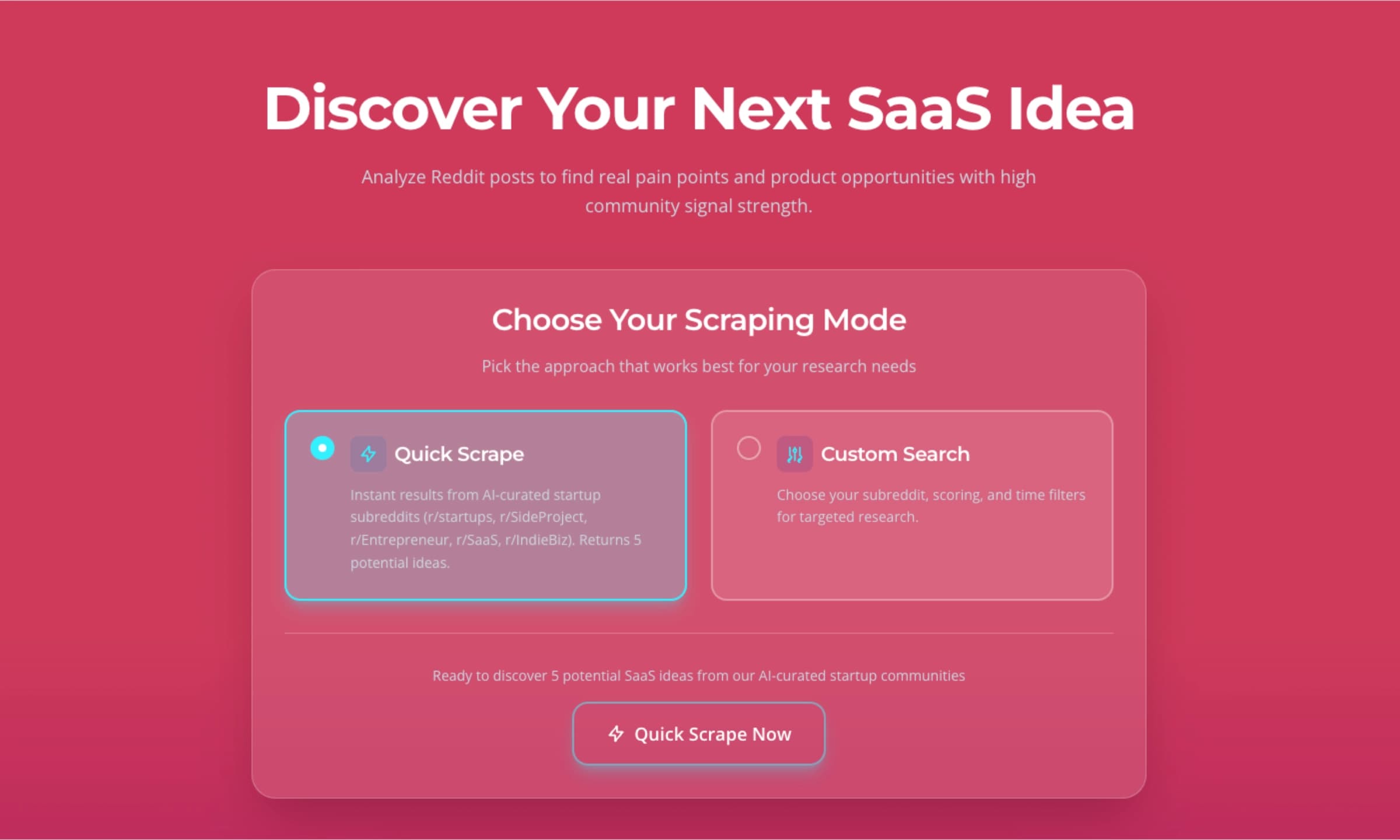 Scrapius scrape interface showing Reddit post discovery